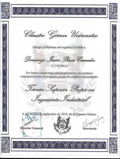 Diploma Claustro Gómez Ingeniería Industrial
