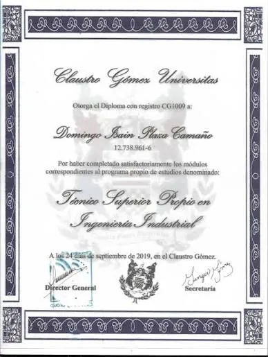 Diploma Claustro Gómez Ingeniería Industrial