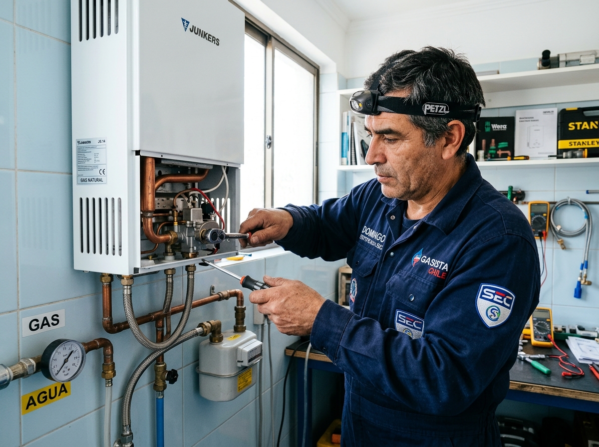Domingo Isaín reparando calefont y midiendo presión de gas