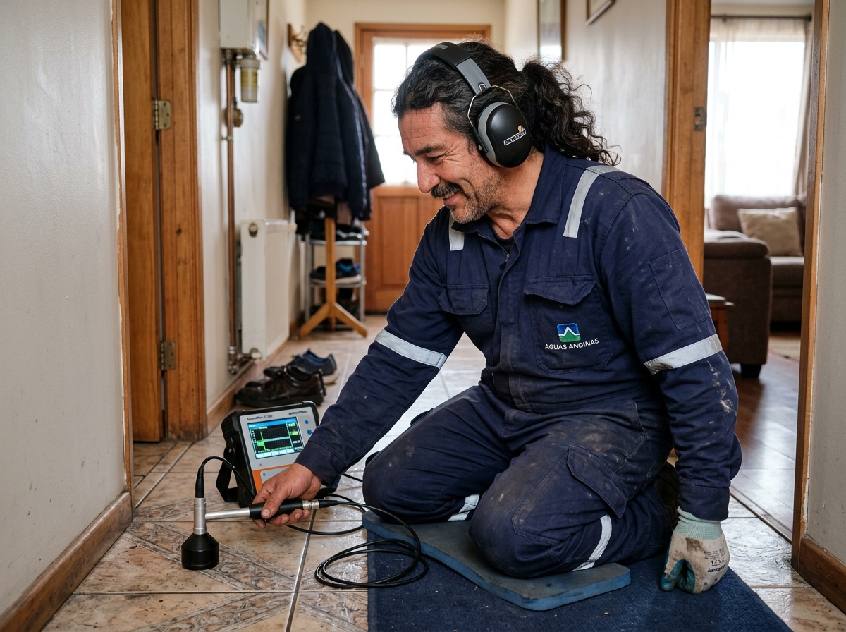 Domingo Isaín detectando fugas subterráneas con geófono digital